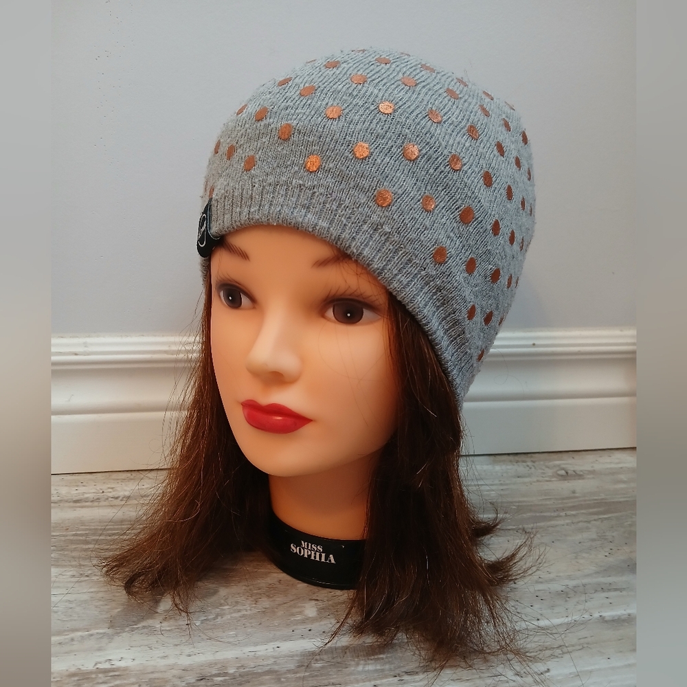 Kombi Girls Grey & Rose Gold Polka Dot Knit Toque Hat Junior 1 Size